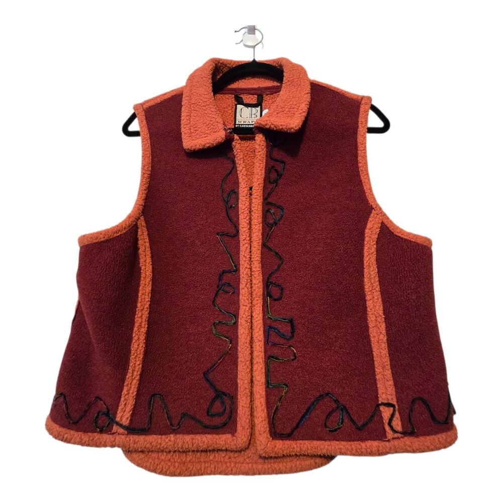 Vintage 90s CanvasBacks Artsy Vest Women's MED Orange Embroidery Lagenlook Boho